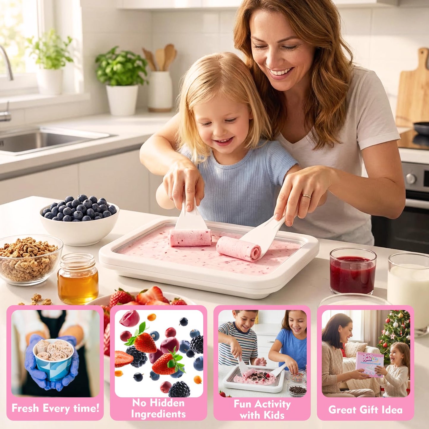 Premium Rolled Ice Cream Maker Kit with Recipe Book, Stainless Steel Freeze Tray, 2 Food Grade Spatulas & Gift Ready Packaging. Electricity-free Homemade Instant Ice Cream Roll Maker