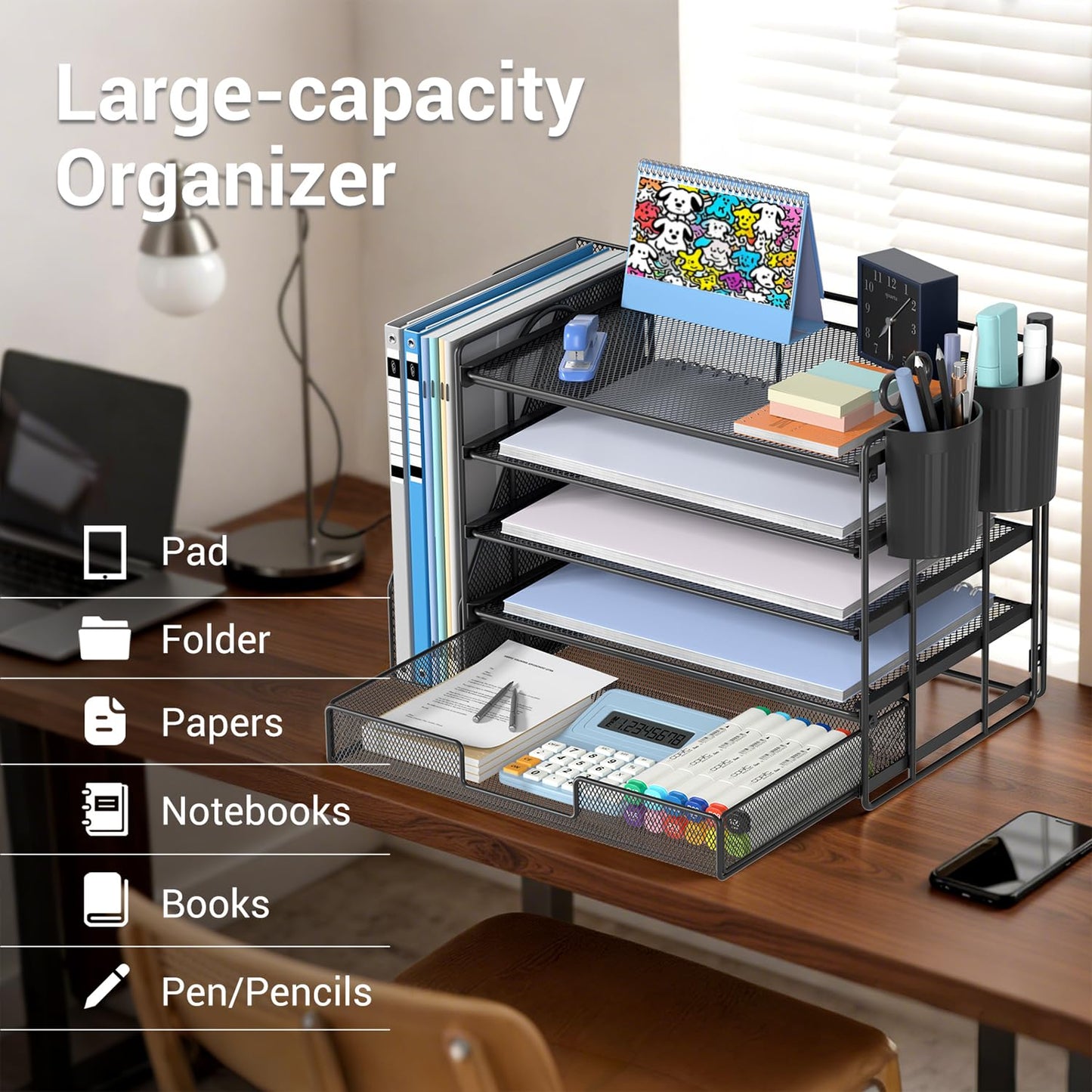 Gugsey Desk Organizer with File Holder, Organisateur et Accessoire de Bureau, 5-tier Paper Letter Tray with Drawer and Pen Holder, Mesh Desktop Office Supplies for School, Home, Office (Black)
