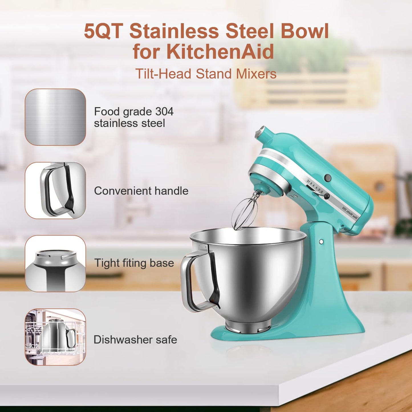 5 Quart Stainless Steel Mixer Bowl Compatible with KitchenAid 4.5 & 5 QT Tilt-Head Stand Mixers, Durable KitchenAid Replacement Bowl, Mixer Accessories for Baking & Cooking (5qt)