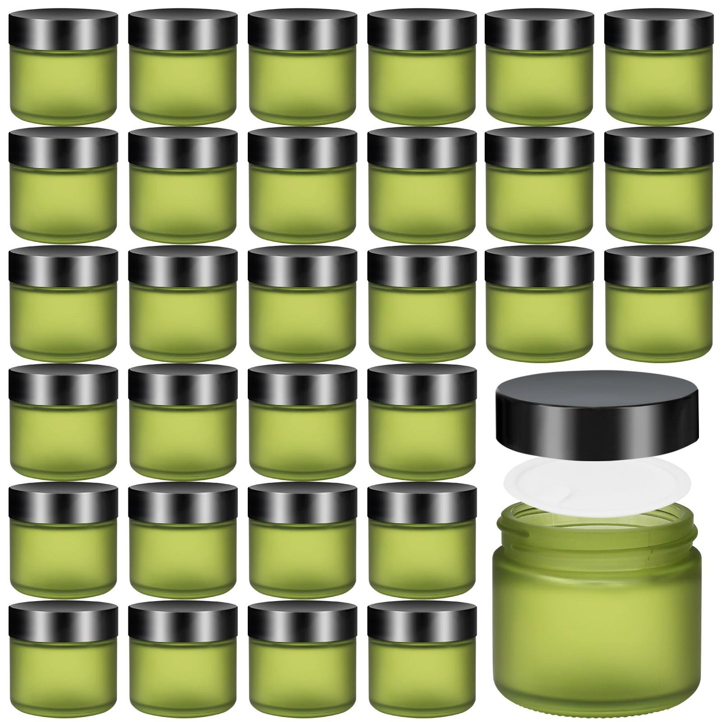 32 Pcs 2 oz Glass Jars with Lids Travel Size Round Leakproof Empty Cosmetic Jars with Inner Liners Lid for Storing Makeup Lotions Face Cream Ointments Candle DIY Making (Bean Green)