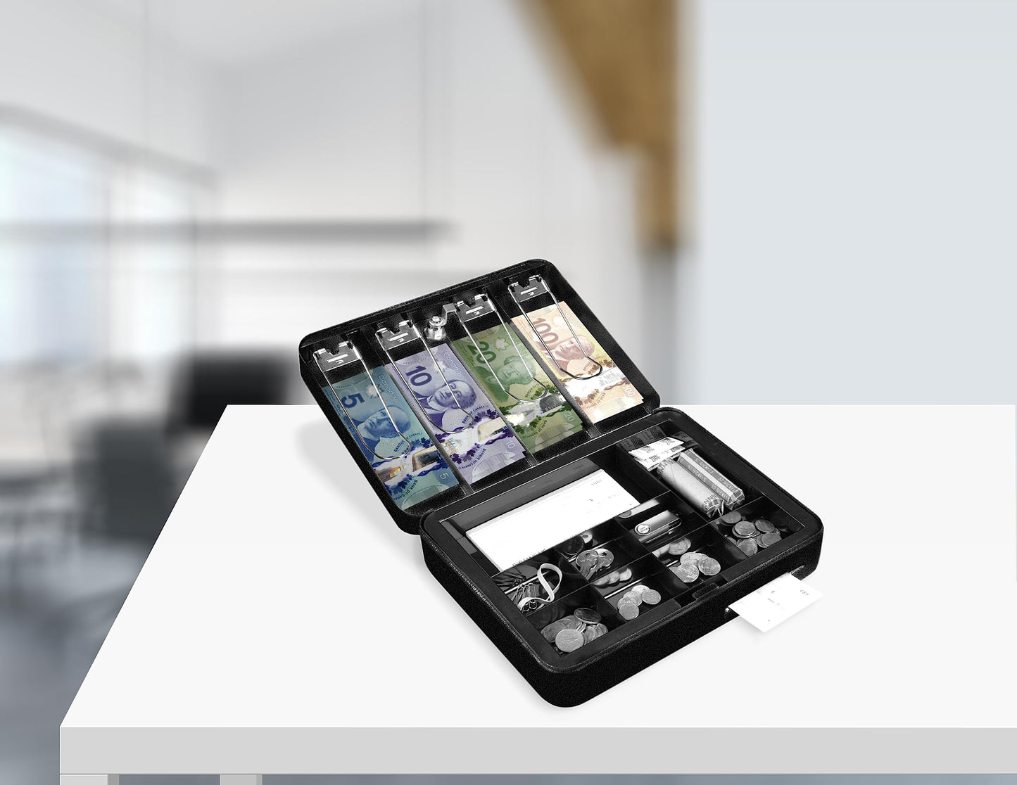 Royal Sovereign Canadian Fold-Out Cash Box With Security Key - Spring Loaded Weight Clips, Removable 9 Slot Coin Tray, Quick Access Cheque/Receipt Deposit Slot. Large 11.8” x 9.5” x 3.7” - Black