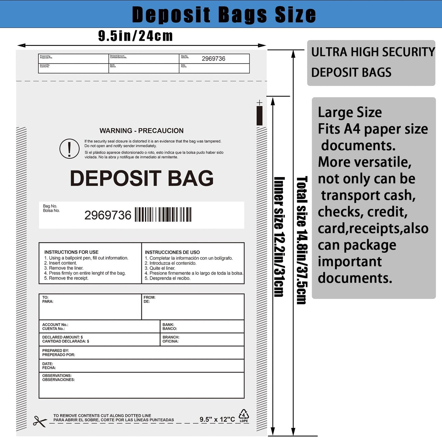 Plastic Deposit Bags 200 Pack Opaque 9.5''x 15'', Opaque Security Bank Deposits Bag,Cash register bags,Money bag for Cash,Bank Pocket,Tamper-Evident Bags,Unique Barcode