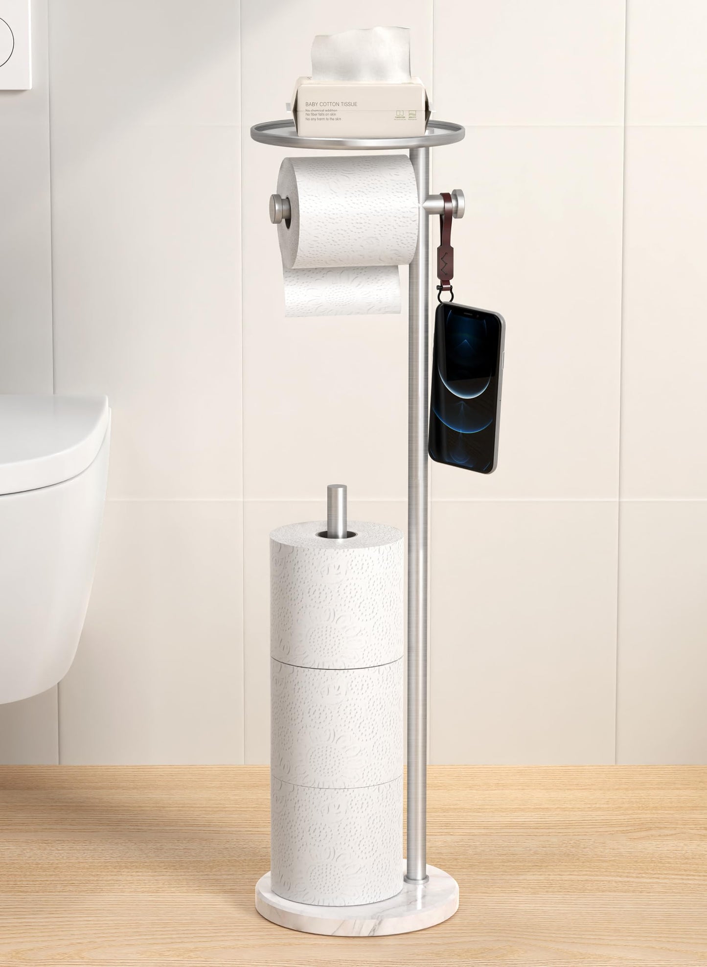 KES Toilet Paper Holder with Shelf, Toilet Paper Roll Holder Free Standing with Weighted Marble Base, Bathroom Toilet Paper Holder Storage 18/8 Stainless Steel, Brushed Steel, BPH229-2
