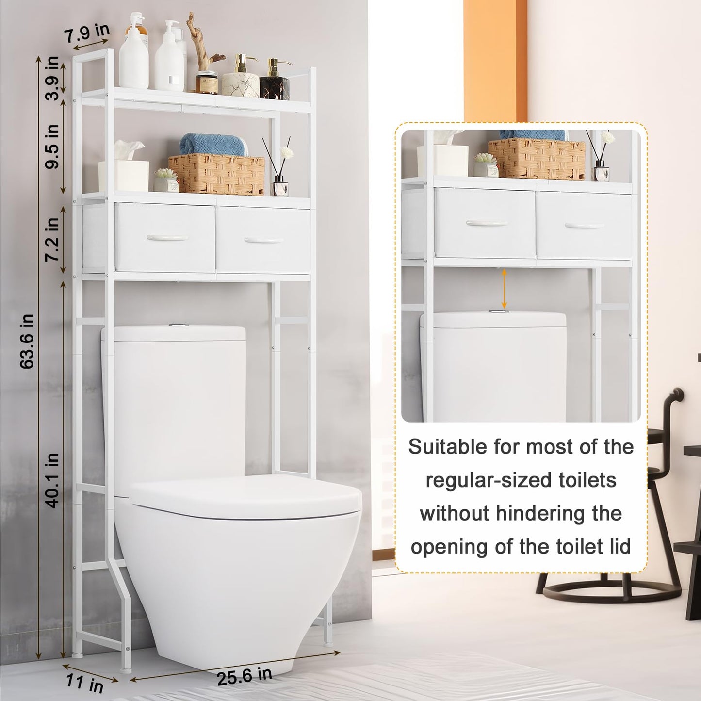 3-Tier Over The Toilet Storage Cabinet with Fabric Drawers Toilet Shelf Organizer with 4 Hooks Freestanding Bathroom Space Saver White