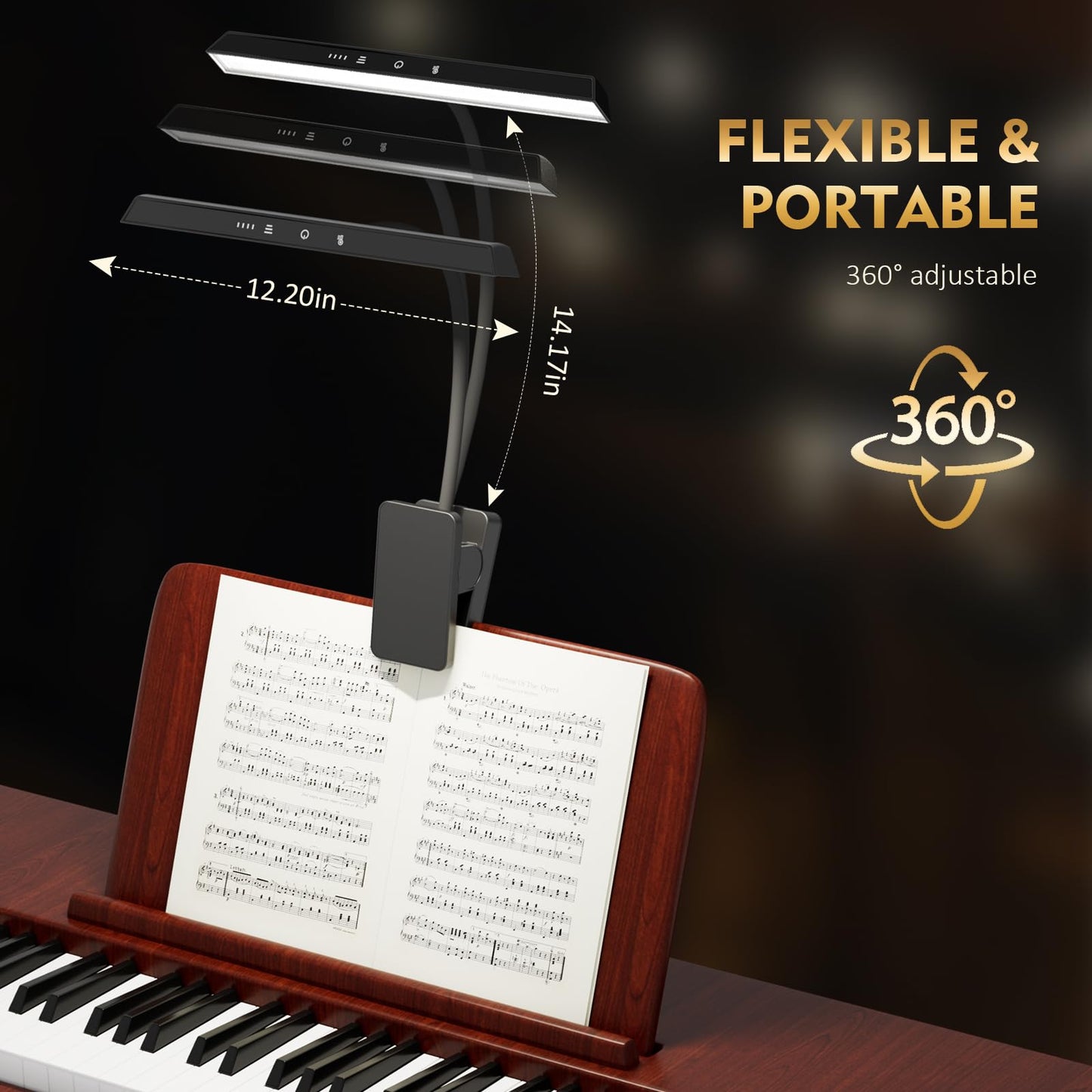 Professional 47 LED Rechargeable Music Stand Light - 1/2 Pack Eye Caring Clip on Piano Lights, 4 Color & 3 Brightness, USB-C, up to 110 Hrs Runtime, Portable Lamp for Musician, Piano, Reading