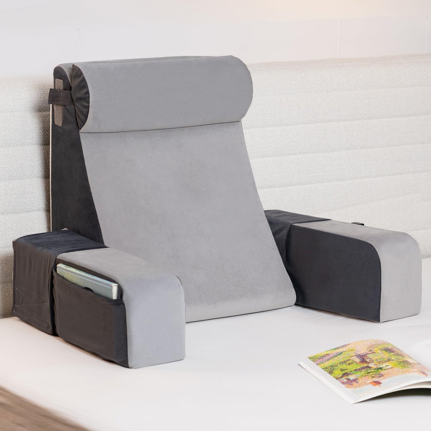 Vekkia 21" Reading Pillow with Adjustable Arms & Headrest – Zoned Foam Support, XL Side Pockets, Removable Cover, Back Support Chair for Reading, Gaming, TV, Post-Surgery Recovery in Bed or Floor