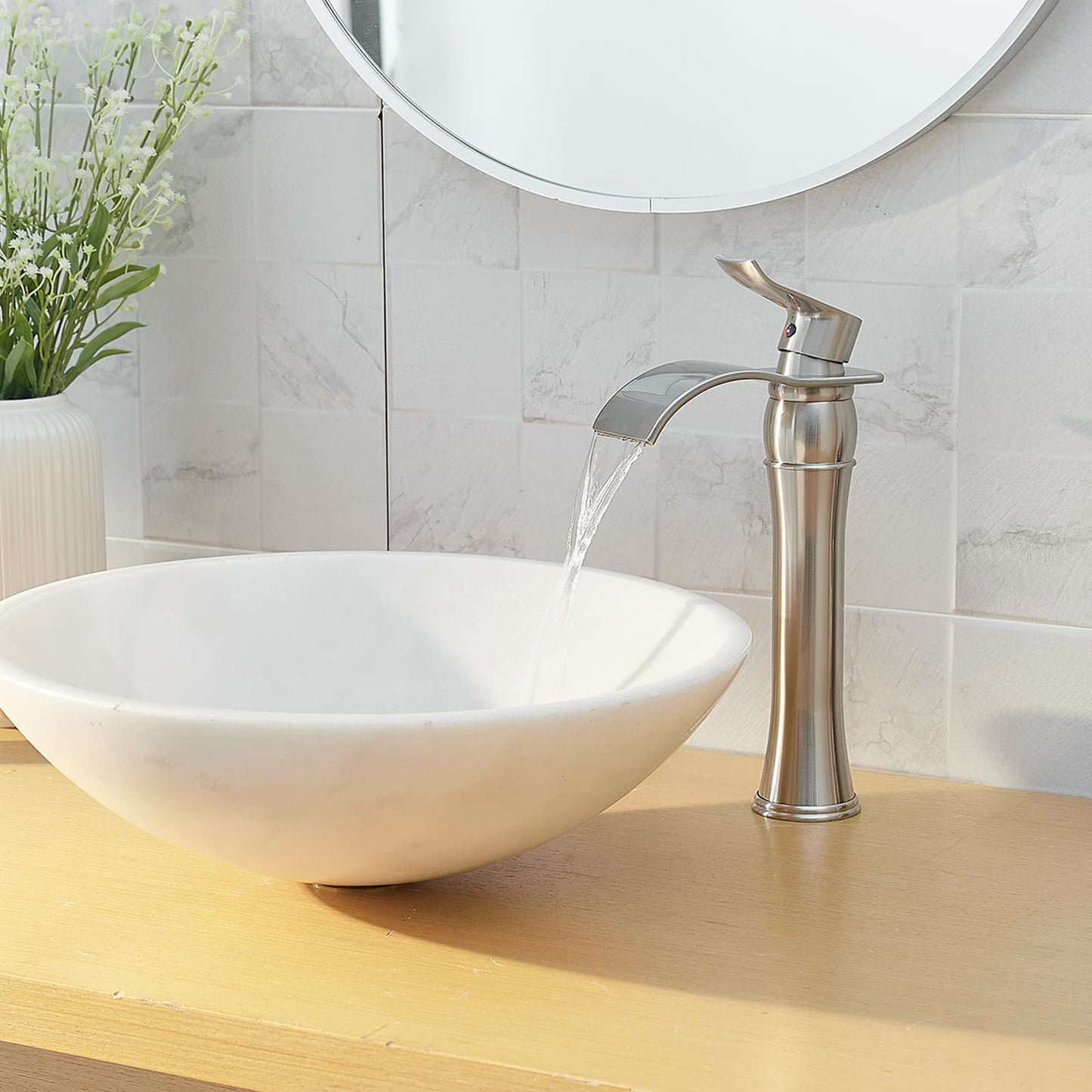 Bathlavish Bathroom Vessel Sink Faucet Waterfall Single Handle One Hole Tall Bathroom Faucets Deck Mount Lavatory Matching Pop Up Drain Without Overflow, Brushed Nickel