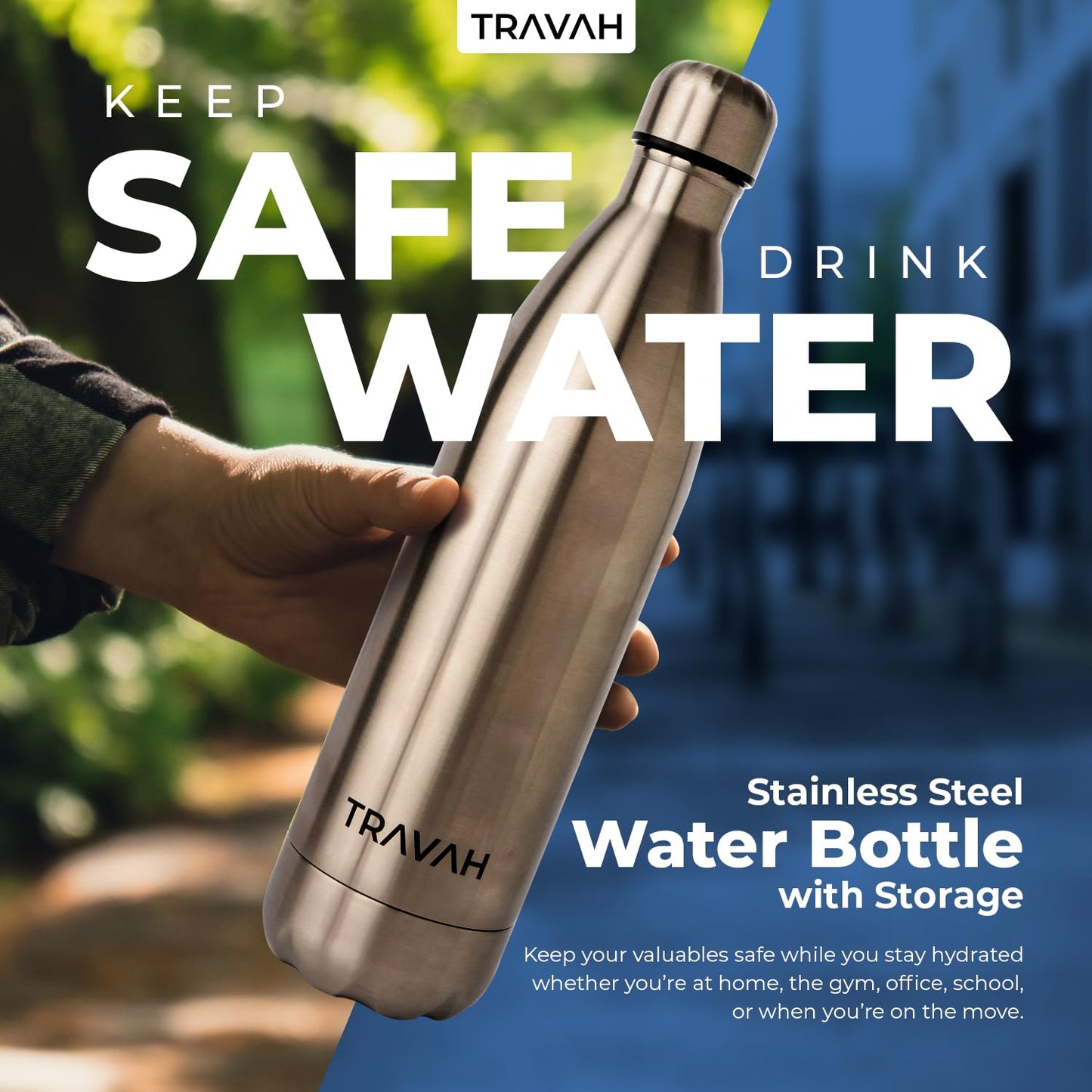Travah Travel Water Bottle Stainless Steel Water Bottle with Storage for Cash, Keys, Valuables Insulated Water Bottle for Men and Women Hot and Cold Water Bottle Leak-Proof Water Bottle (Silver)