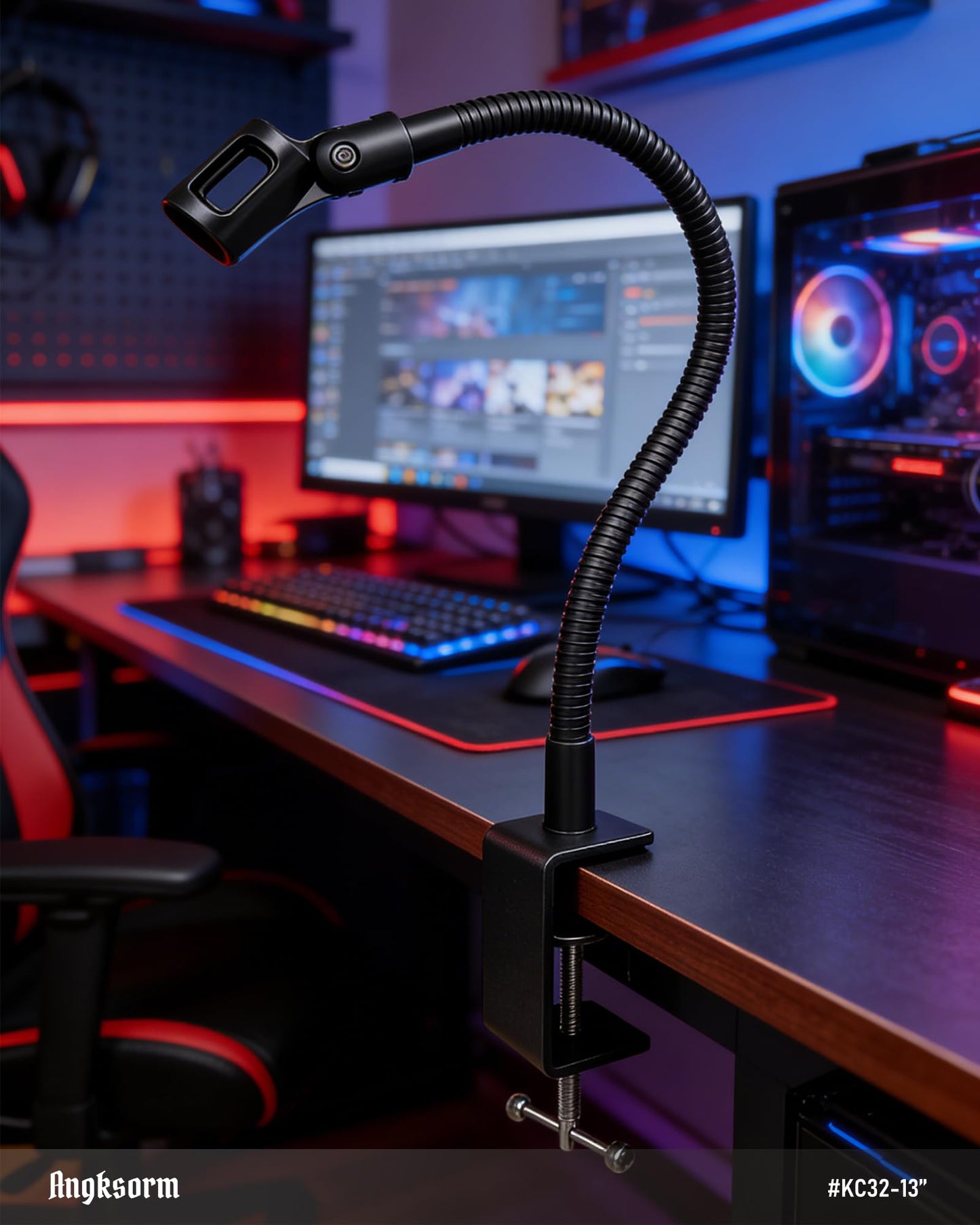 13-INCH Gooseneck Mic Stand, Clip on Gooseneck Desktop Microphone Stand Holder with Heavy Duty C-Clamp Mount for Podium, Lectern, Voice-Over, Gaming, Recording, Studio, Cameras, Smartphones, Lights
