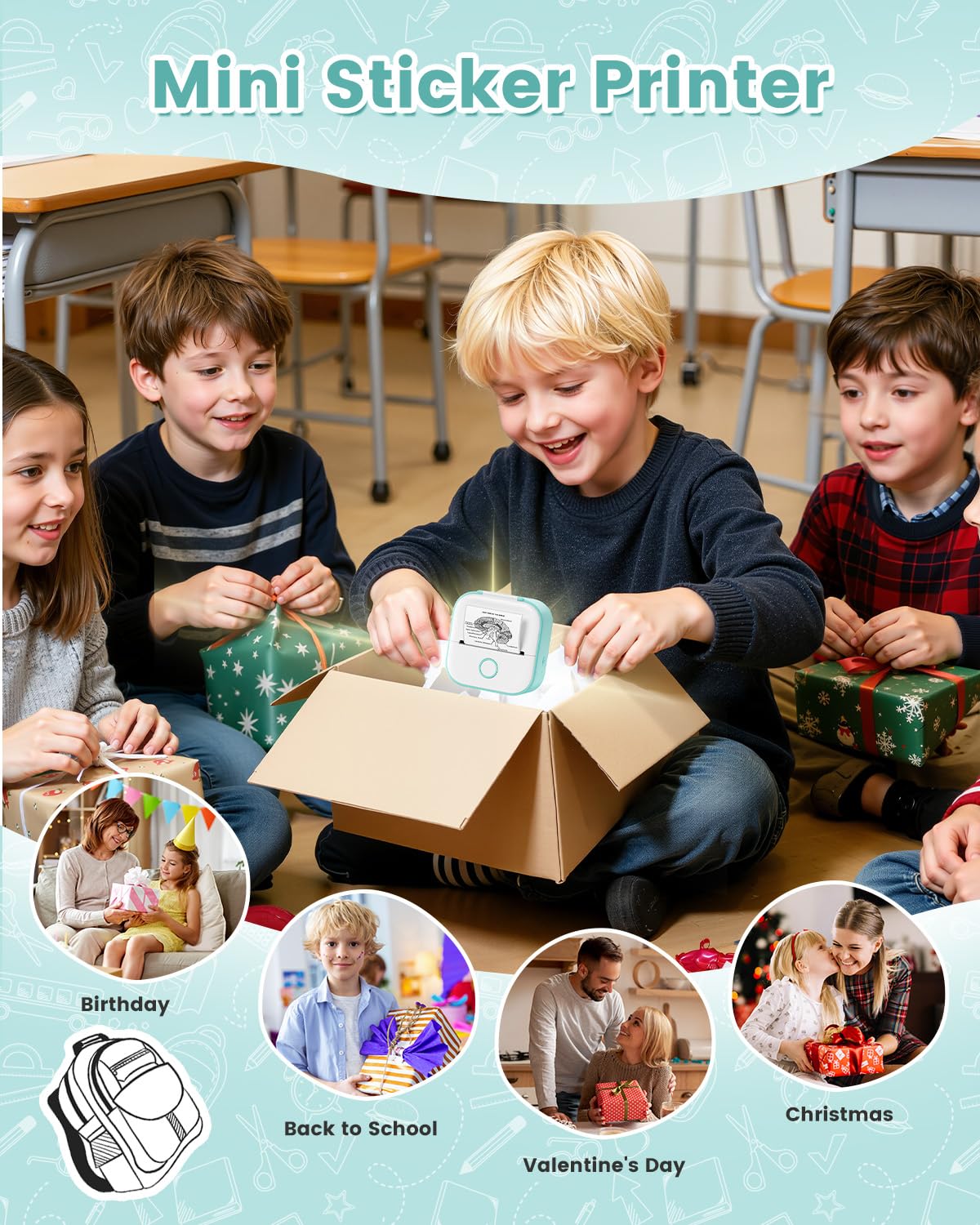 Memoking Mini Sticker Printer - T02 Portable Thermal Printer Inkless Photo Printer Bluetooth Sticker Maker for Kids Print Pods Instant Print, Smart AI APP, for Student Study Note, Journal, DIY, Gift