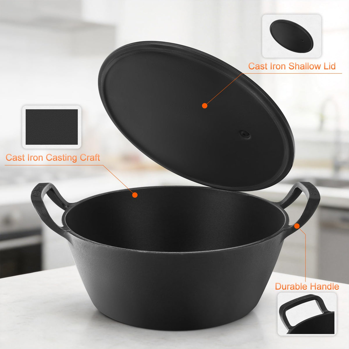 onlyfire Cast Iron Dutch Oven Pot with Dual Handles Heavy Duty Round Casserole for Gas Stoves & Open Flame Cooking