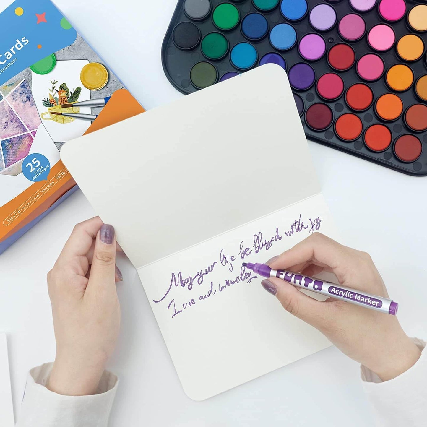 Funto Blank Watercolour Paper Cards and Envelopes, 50 Cards, 5''x7'', 140lb/300gsm, White, Acid-Free, Heavyweight Paper for Watercolor Painting, Invitations, Thank You Notes, Greeting Cards