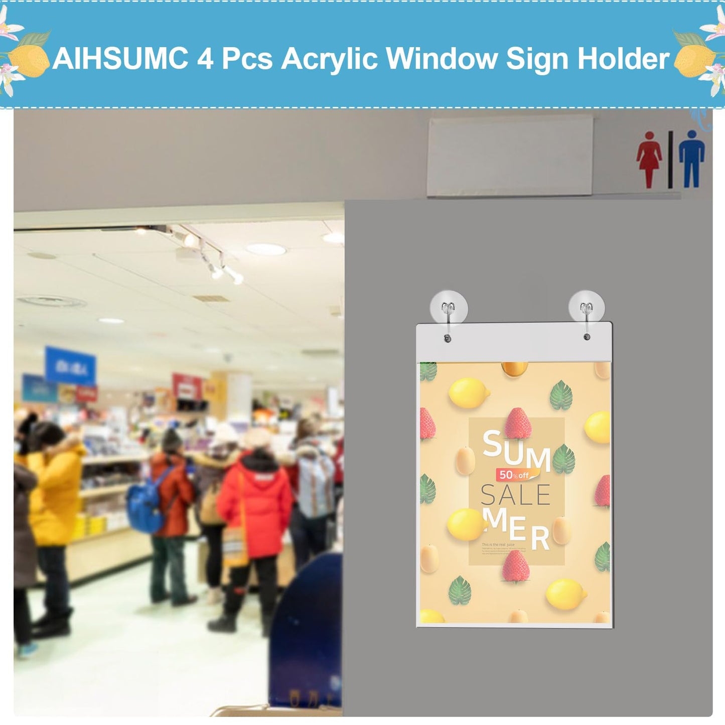 AIHSUMC 4 Pcs Acrylic Window Sign Holder, 8.5 x 11 Inch Hanging Acrylic Sign Holder, Wall Mount Paper Display Ad Frame with Tape,Mounting Screws,Suction Cups Hooks for Mall Office Store Restaurant
