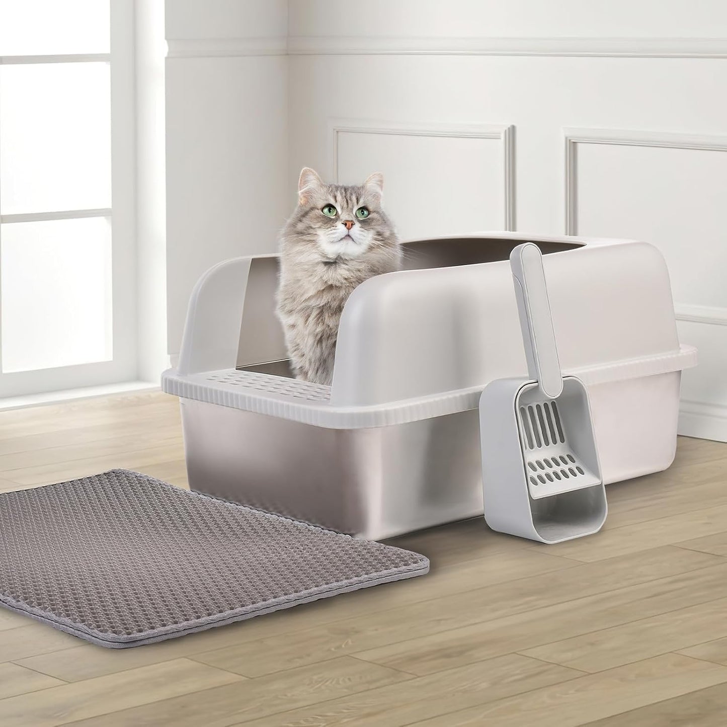 Stainless Steel Cat Litter Box with Lid, 20" L x 14.2" W x 11.8" H, Extra Large Litter Box for Big Cats with High Sided, Anti-Urine Leakage, Easy Cleaning (Light Grey)