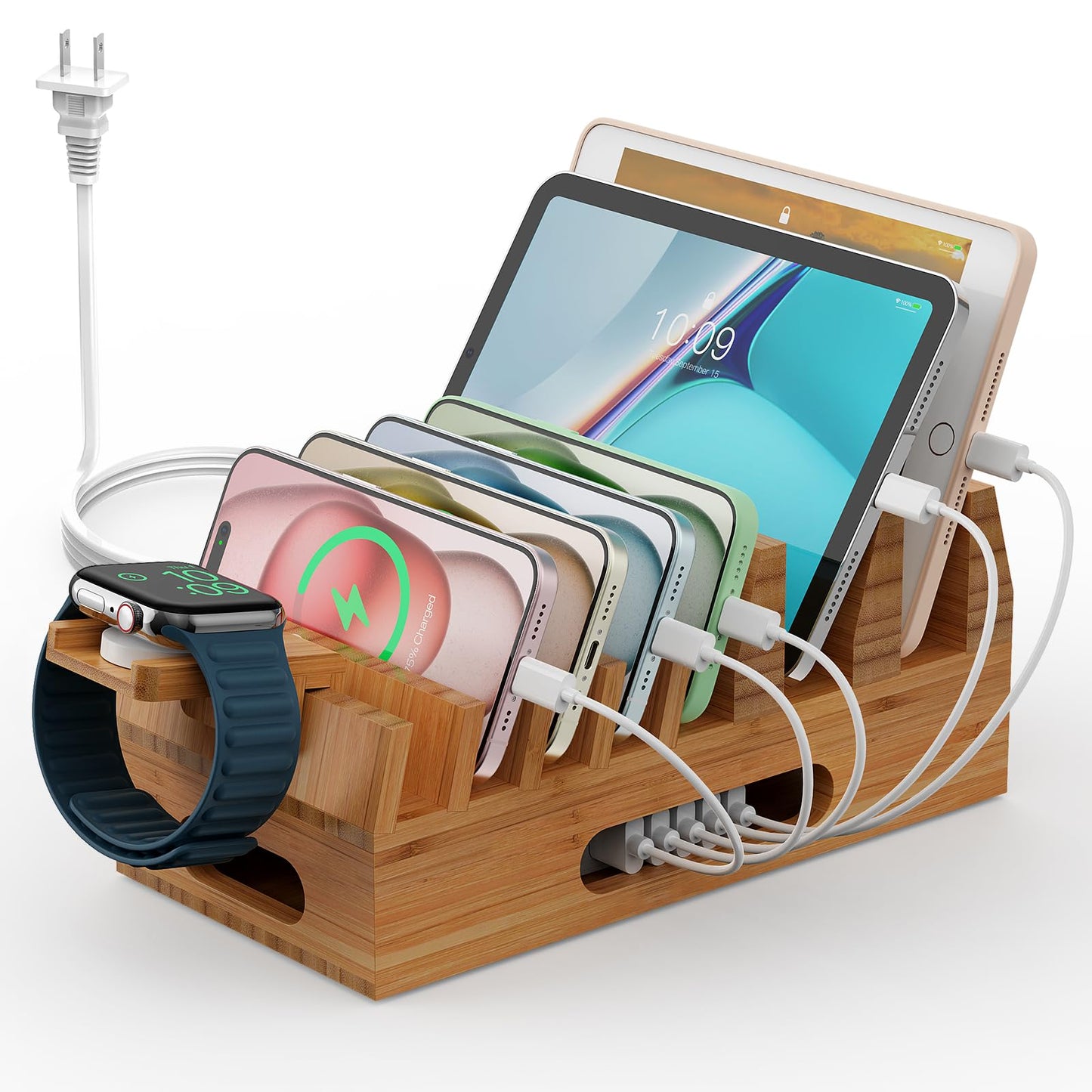Pezin & Hulin Bamboo Charging Station Holder with 5 Port USB Charger, Watch Stand, Wood Dock Stand Organizer for Multiple Devices, Phones, Tablets, Laptop