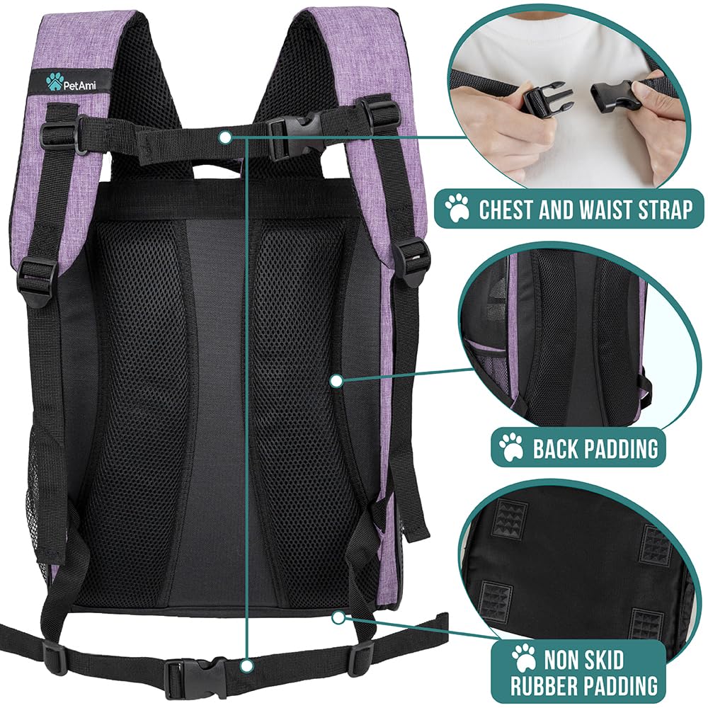 PetAmi Dog Backpack Carrier for Small Large Cat, Puppy - Ventilated Hiking Travel Bag, Airline Approved, Camping Biking Up to 18lbs - Purple