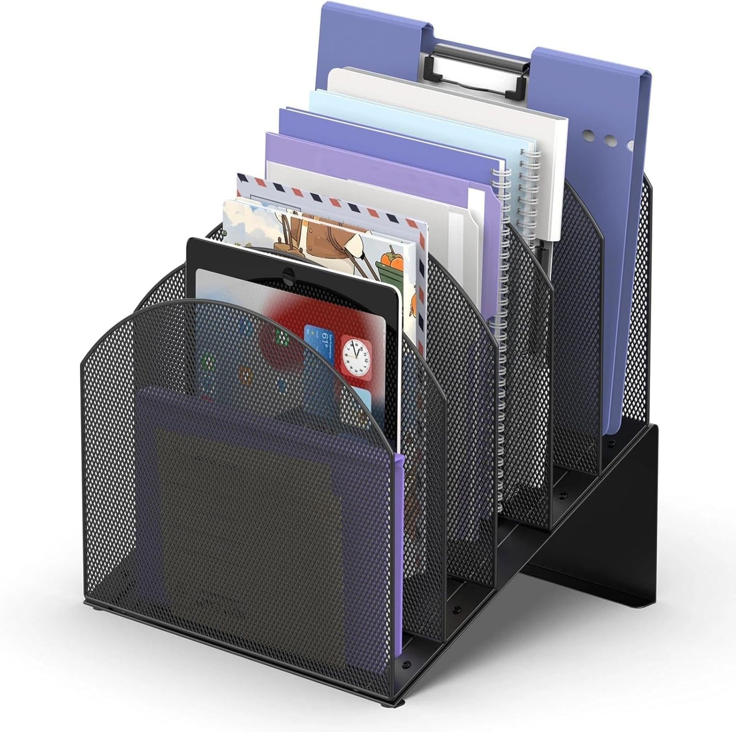 Reeplan 5-Tier Desk File Organizer, Metal Mesh Vertical Desktop File Folder Holder Space-Saving Document Organizer for Office, School, Home (Black?