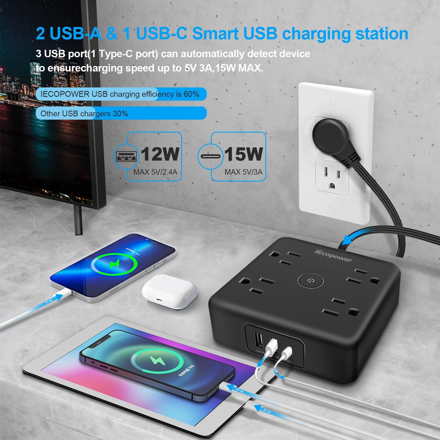 2 Pack Ultra Flat Plug Power Bar,Power Bars with Surge Protection-4 Widely Outlets,6 ft Flat Plug Extension Cord with 3 USB Ports(1 USB C Port),Slim Desk Charging Station,Black