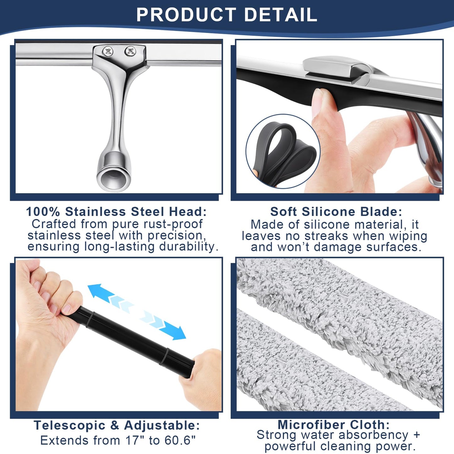 17'' - 62'' Metal Squeegee with Extension Pole for Window,Glass Door,Mirror, 12'' Wide Telescopic Shower Squeegee Cleaner with Long Handle for Cleaning Tile Wall,Floor,Bath,Car Windshield,Solar Panel