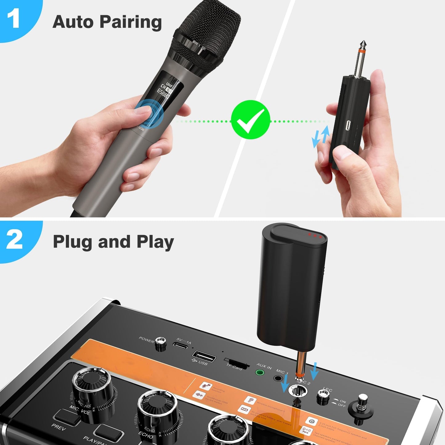 Wireless Microphones, Professional Dual Karaoke Microphones, Wireless Dynamic Microphone System Set with Rechargeable Receiver for Home Party, Speech, Wedding, Church, PA System