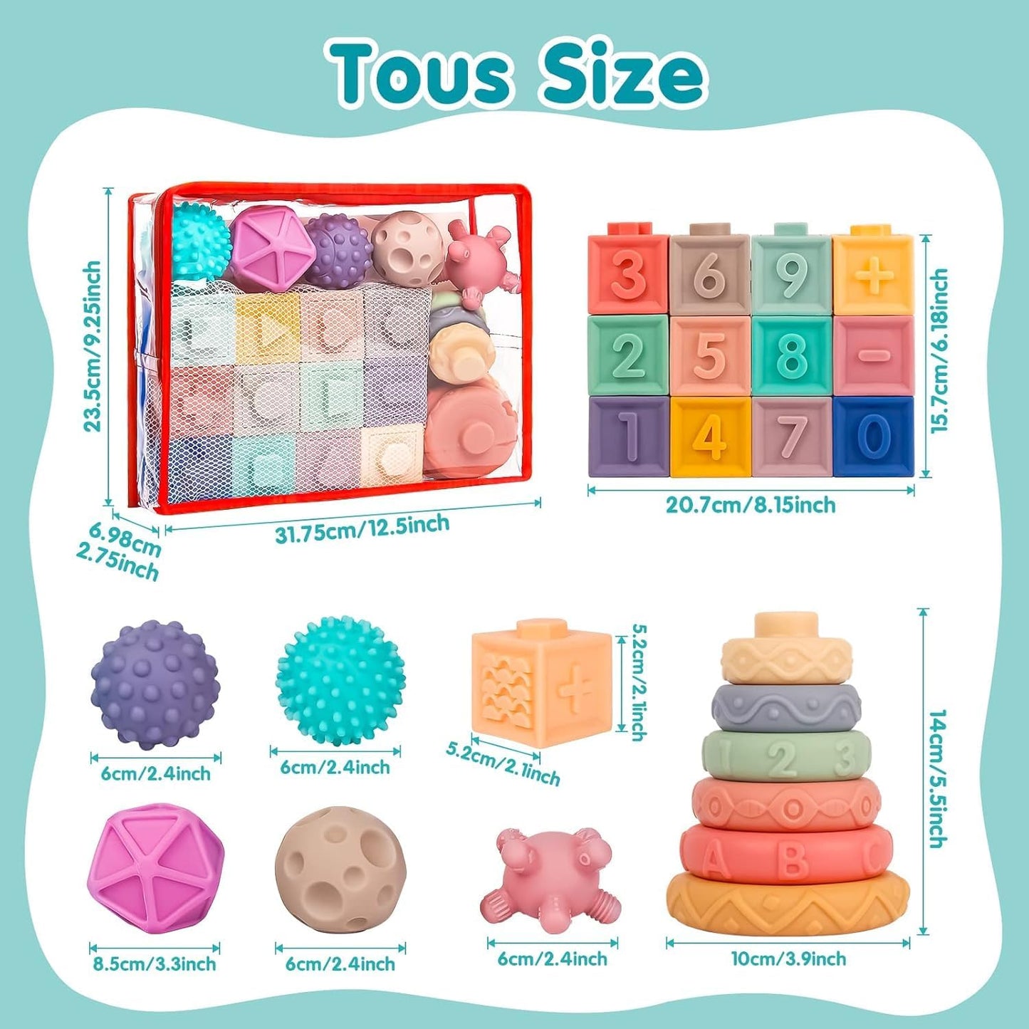 Montessori Baby Blocks – Soft Sensory Stacking Toys for Infants 6-12 Months, Educational Building Blocks for Toddlers 1-3, Non-Toxic Bath & Teething Toys (24-Piece Set)