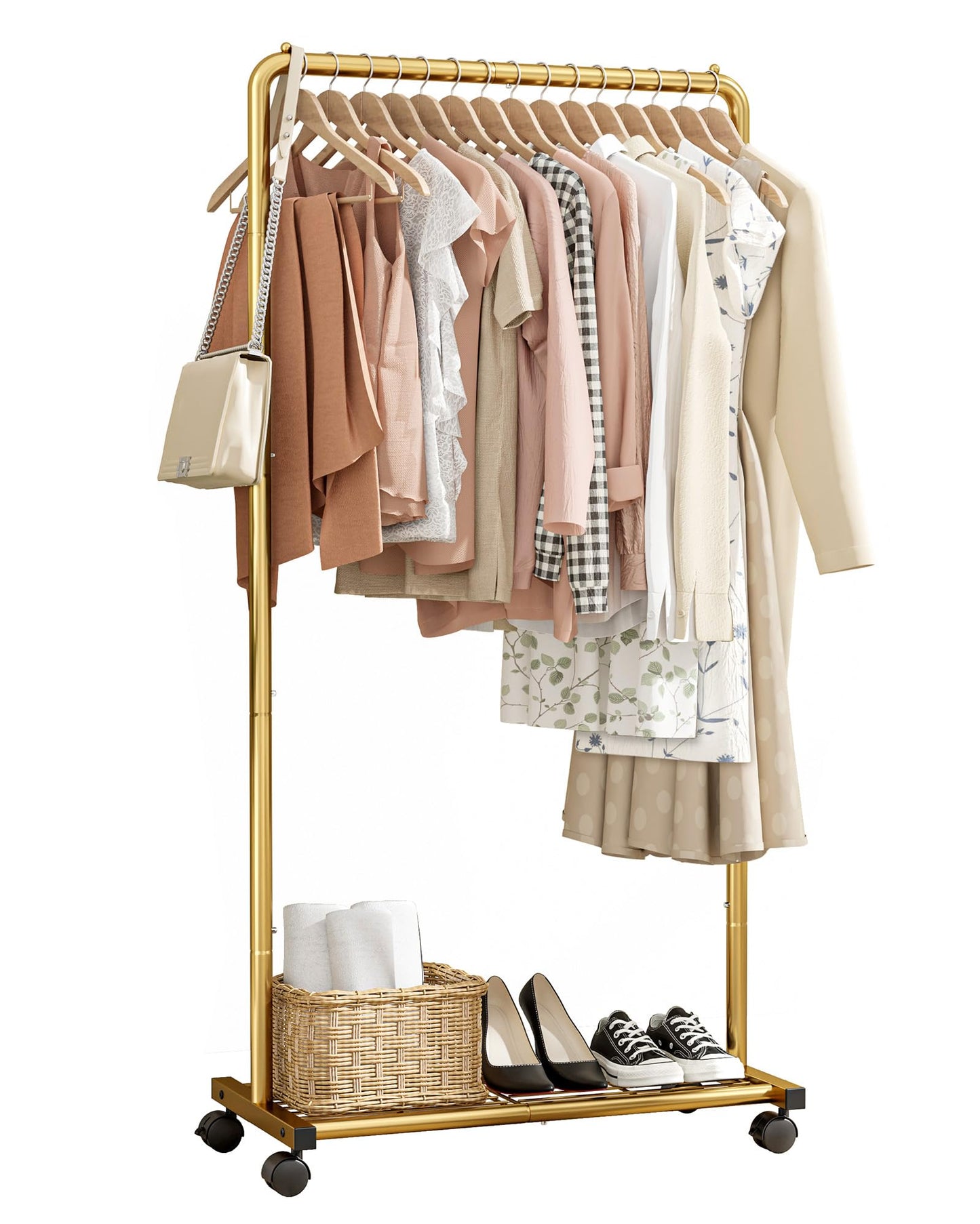 Sakugi Clothing Rack - Movable Multi-Functional Coat Rack with 4 Universal Wheels, Long-Lasting Metal Clothes Rack with Extra Storage Shelf for Bedroom, Office, Laundry(Gold, 73W x 37.5D x 150H cm)
