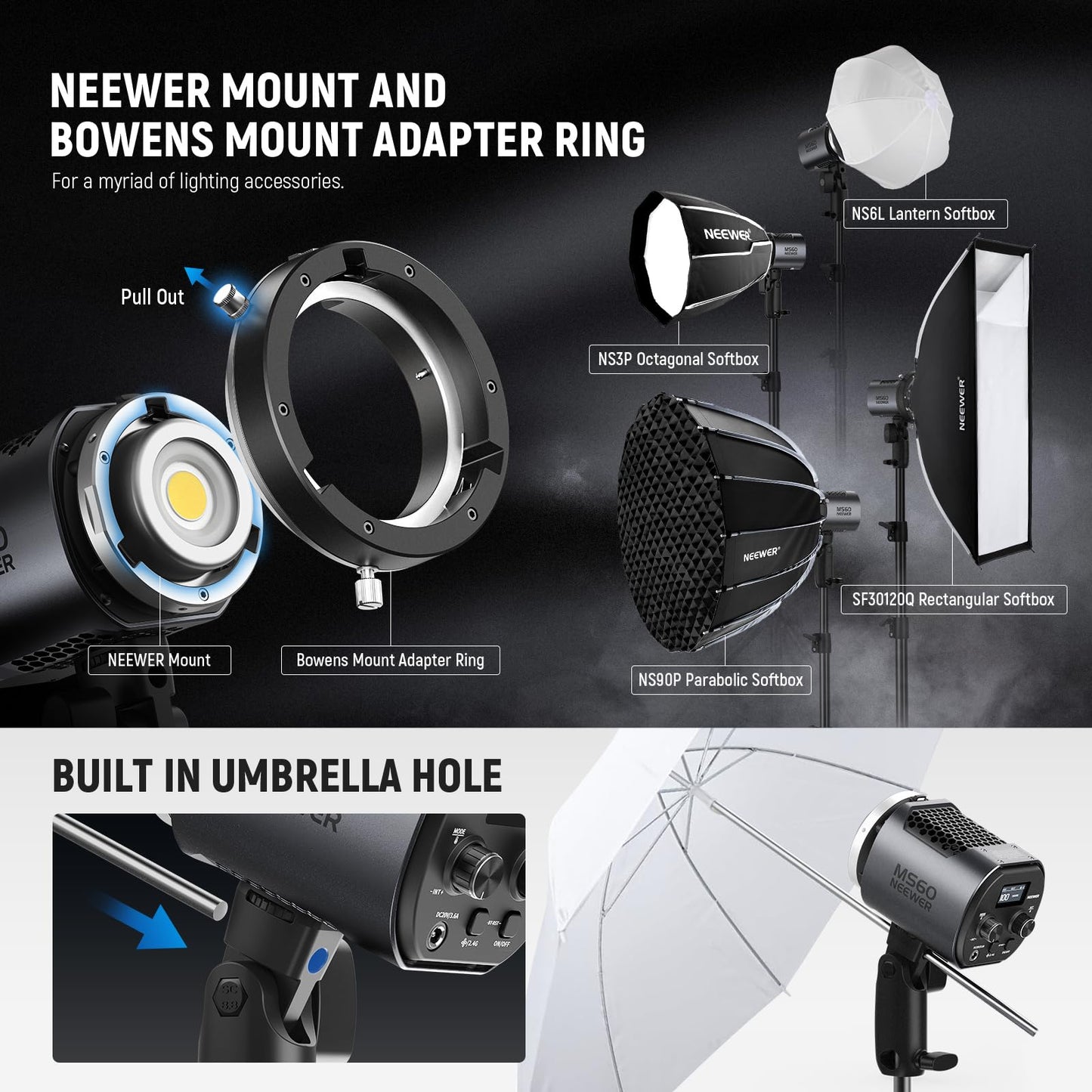 NEEWER MS60 LED Video Light with 2.4G/APP Control, 65W 5600K Daylight Mini COB Continuous Output Lighting, 40000lux/1m, CRI 97+/TLCI 98+, 9 Scenes, 0-100% PWM Dimming, Bowens Mount Adapter