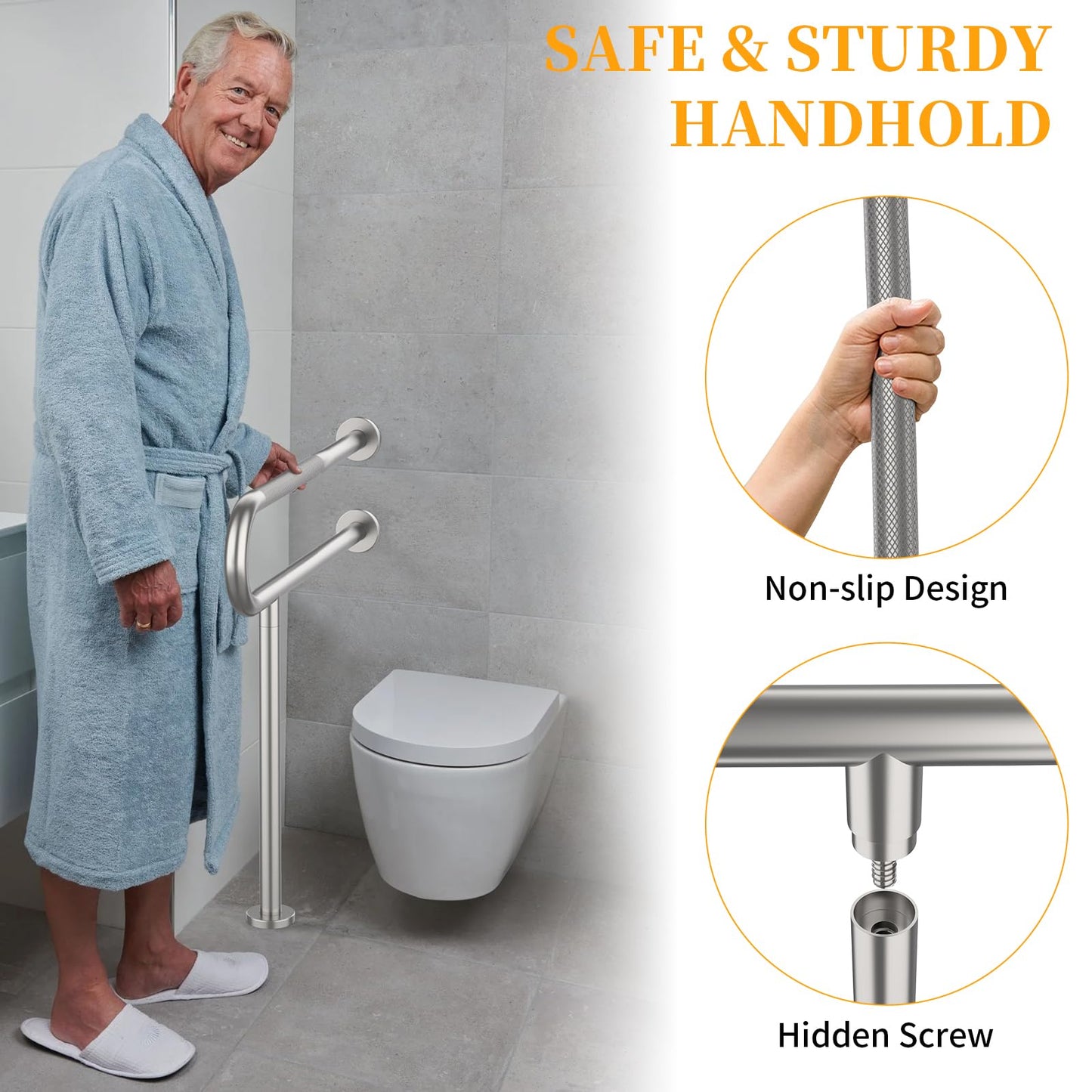 Toilet Grab Bar 31.3 Inch, Munzong Wall to Floor Brushed Nickel Bathroom Safety Bar w/Anti-Slip Knurled Grip, Stainless Steel Handicap Grab Bar with Leg,Support Bar for Disabled Elderly Pregnant