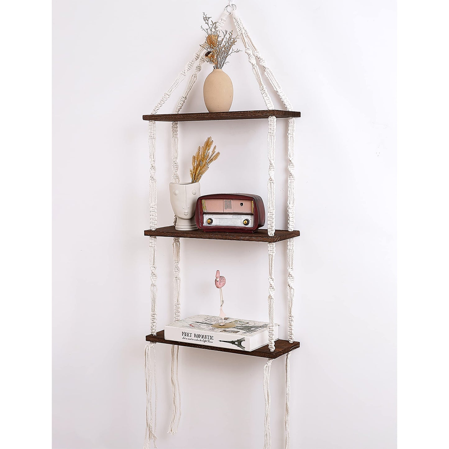 Easever Hanging Shelves, 3-Tier Rustic Plant Shelves, Macrame Wall Hanging Storage, Boho Room Decor for Apartment, Bathroom, Living Room, Bedroom