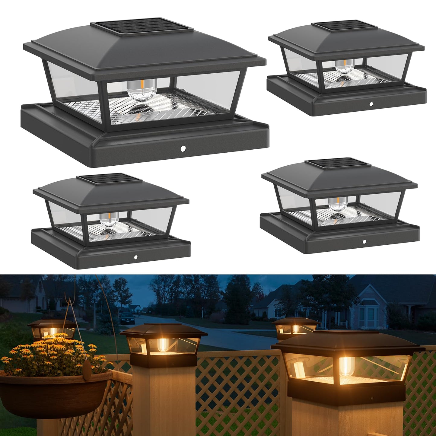 APONUO 4x4 Solar Post Caps Lights, 2 Modes Edison LED Bulb Solar Fence Post Lights for 4x4 5x5 6x6 Vinyl Wooden Posts Waterproof Fence Post Lights Solar Powered for Deck/Fence/Porch (Black, 4 Packs)