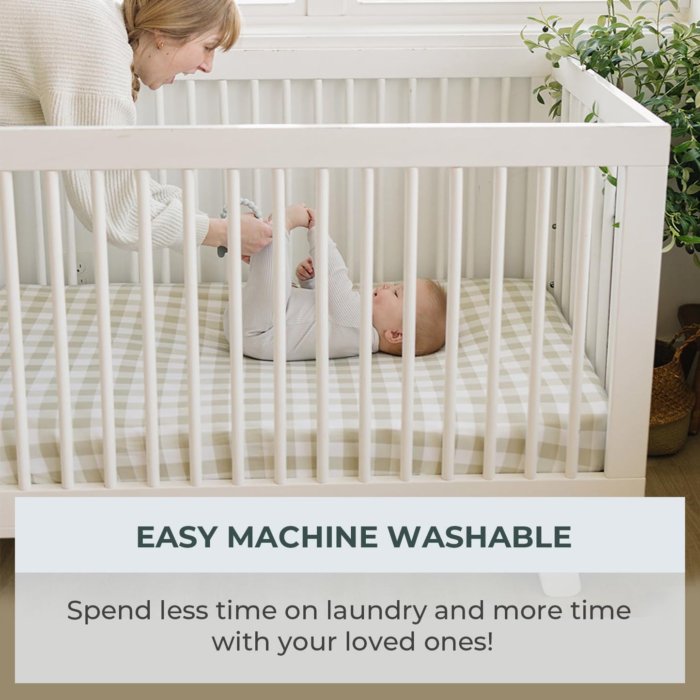 Pobibaby - 2 Pack Premium Fitted Neutral Crib Sheets for Standard Crib Mattress - Ultra-Soft Cotton Blend, Safe & Snug Fit, Stylish Gingham Crib Sheet (Khaki)