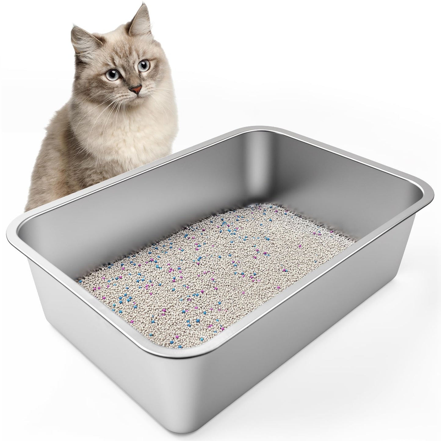 Stainless Steel Litter Box, High Sided Large Metal Cat Litter Boxes Easy Clean, Non Stick No Smell Cat Litter Box for Adult Cats/Kitty/Kitten