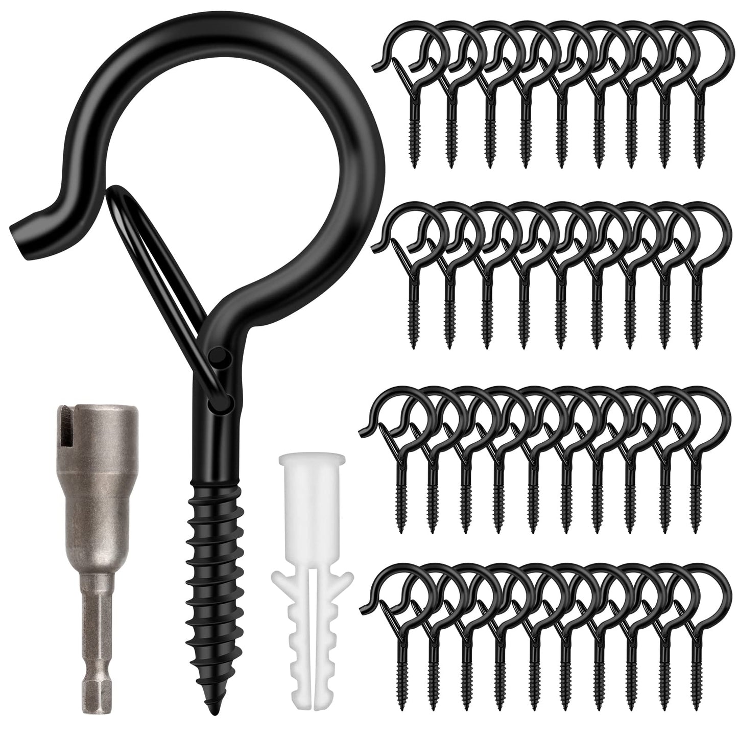 100 Pack Screw-in Hooks for Outdoor String Lights, Q Hangers String Light Hooks Outdoor for Outside, Swivel Hanging Basket Patio Light Hooks with Safe Buckle Screw in Planter Eye Hook for Wall Ceiling