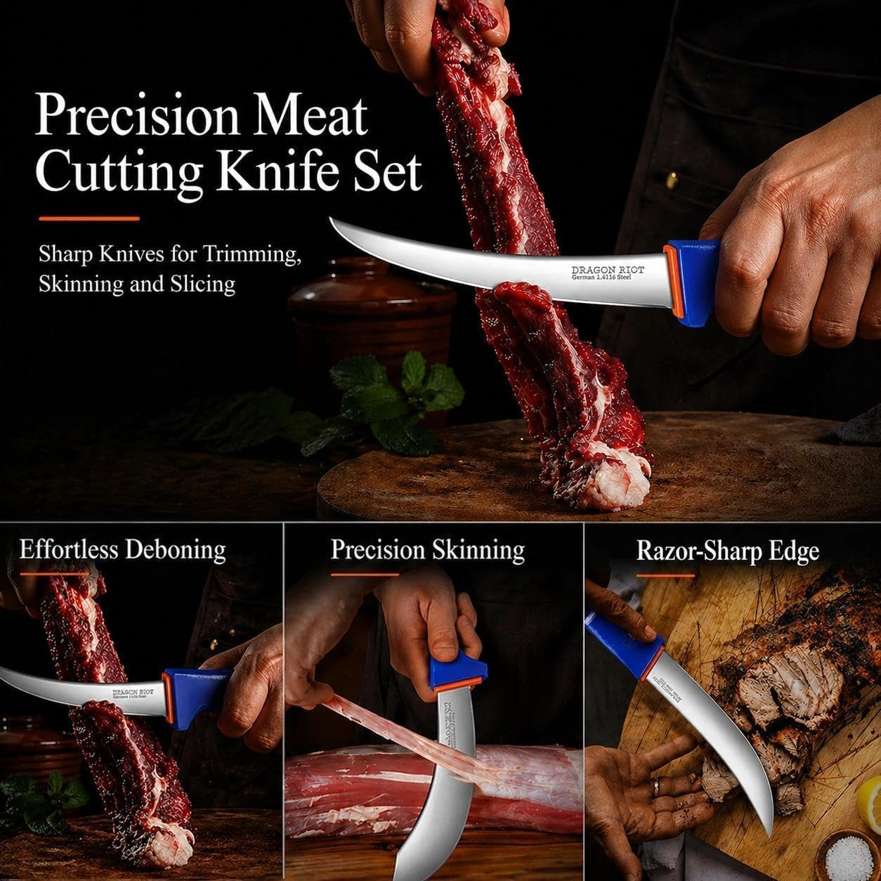 DRAGON RIOT 3 Pcs Butcher Knives Set, Meat Processing Knife Set for Brisket Trimming with German Stainless Steel and Blue Non-Slip Handle Gift for Men