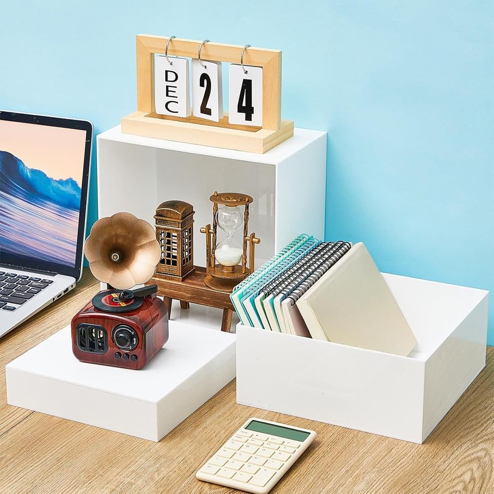 6 Pcs Buffet Risers White Acrylic Display Stands Cube Boxes with Hollow Bottoms Decorative Stand 6 Sizes for Jewelry Candy Table Decor Box Food Riser Party Case