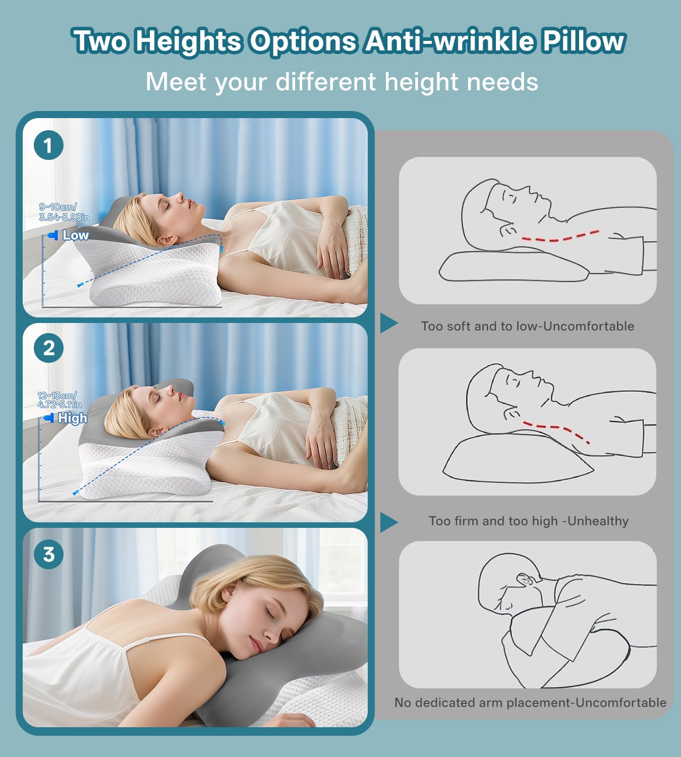 MISSCOZY Cervical Neck Pillow for Neck Pain Relief, 2-in-1 Ergonomic Memory Foam Pillow for Side, Back and Stomach Sleepers, Neck Pillow with Breathable Pillowcase, Grey