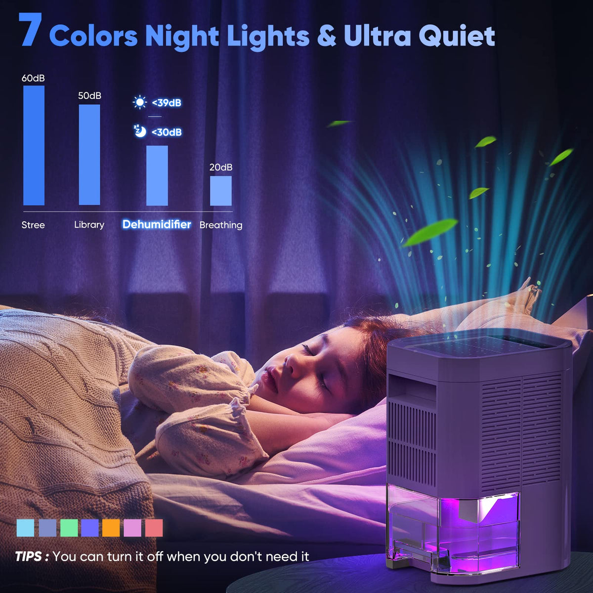 Dehumidifiers for Home with 7-Color LED Light, Quiet 2200 Cubic Feet (240 sq ft) Coverage Portable Mini Dehumidifier with Auto Shut-Off, Sleep Mode and Timer for Bedroom (1000ml)