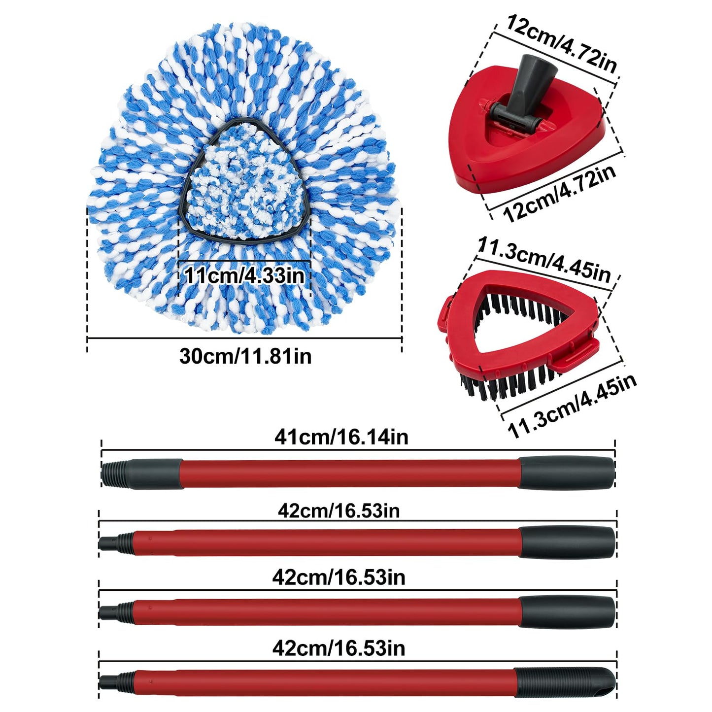 Spin Mop Handle, Mop Heads Replacements, Scrubber Head and Base Compatible with Vileda RinseClean Spin Mops & Bucket 2-Tank System, Mopping Stick and Head Replacement for Wet Dry Use Floor Cleaning