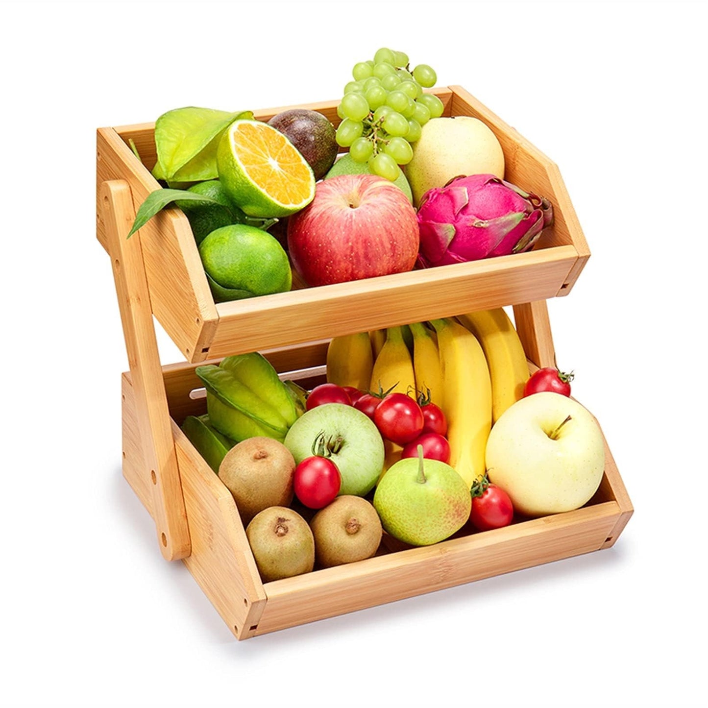 Bamboo Fruit Basket, 2-Tier Storage Stand Holder for Kitchen Countertop, 11" Tall, Large Capacity Organizer for Fruits and Vegetables, Natural