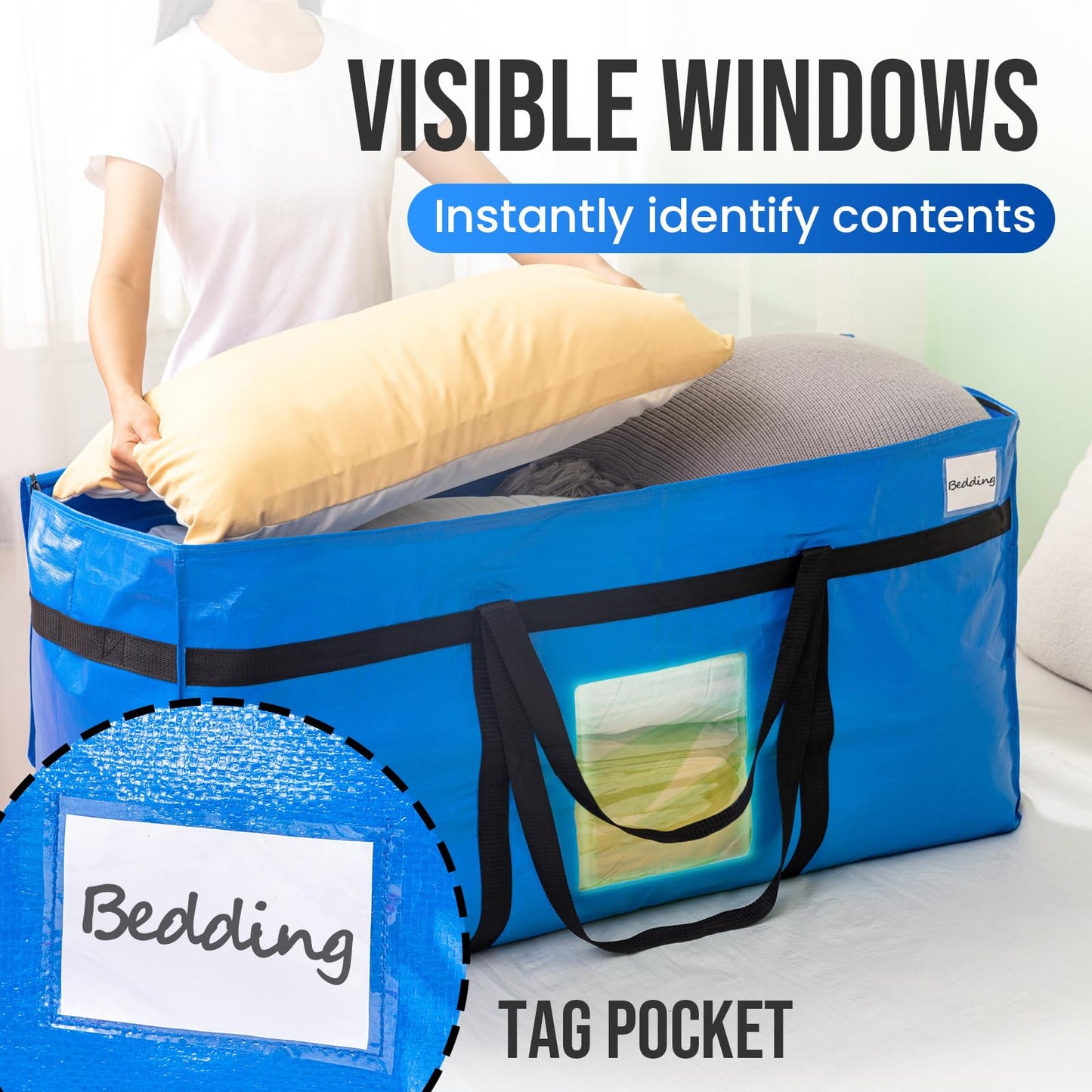 TAILI 69 Gallon Extra Large Storage Bags, XXL Blue Heavy Duty Moving Bags for Storage with Visible Window, Wrap Around Handles, Totes for Space Saving, Alternative to Moving Boxes (2 Pack)