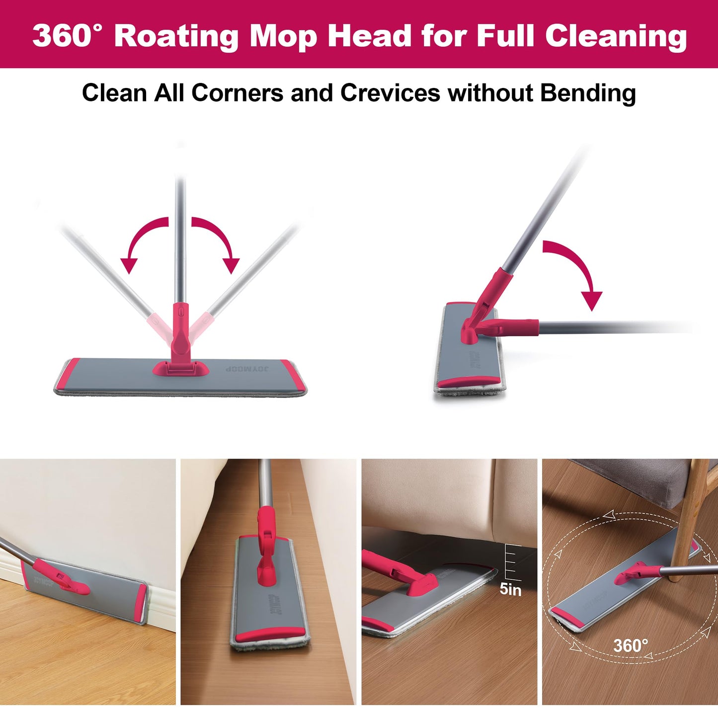 JOYMOOP 18 Inch Dust Mop for Hardwood Floors, Heavy Duty Industrial Wet Dry Mops with Telescopic Handle, Includes 3 Microfiber Mop Pads - Red-Grey