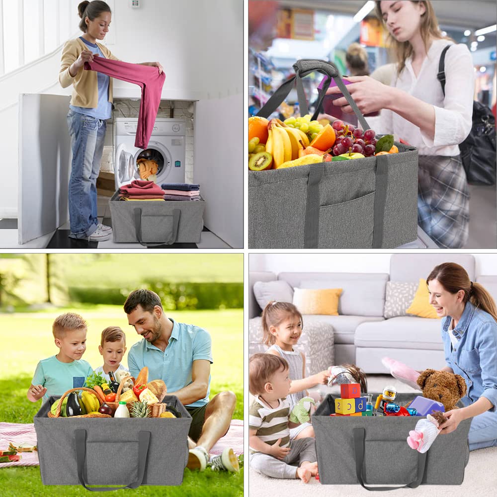 Vomgomfom 50L Extra Large Utility Tote Bag for Men Women, Resuable Grocery Bag with Collapsible Steel Wire Frame, Pool Beach Basket for Shopping, Beach, Picnic, Laundry (Gray)