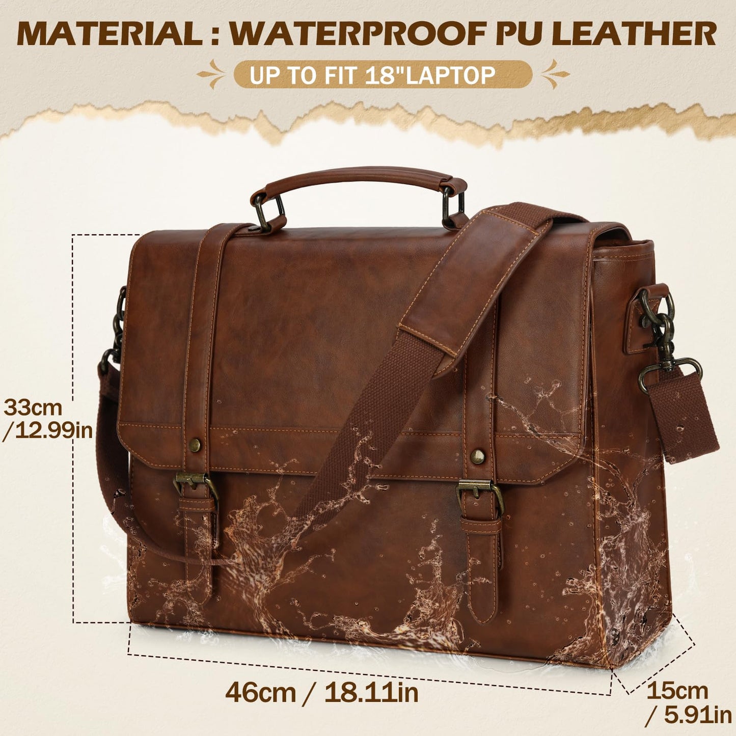 Messenger Bag for Men 18 Inch Waterproof Laptop Bag Vintage Leather Briefcase Large Computer Satchel Bag Retro Shoulder Bag for Office Business Travel College, Brown