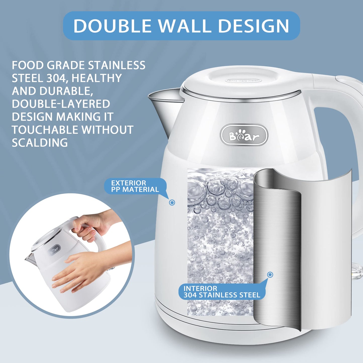 Bear Electric Kettle, 1.5L Rapid-boil Water Boiler, Stainless Steel 304 Inside, 1500W Tea Kettle with Auto Shut Off & Boil Dry Protection, Electric Water Kettle Great for Tea and Coffee