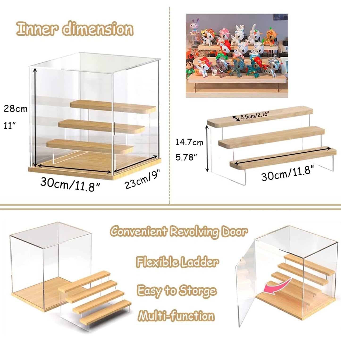 Clear Acrylic Display Case for Funko Pop Figures with Light, 3 Layer Stand Storage Cabinet Shelf Risers Protection Showcase Large Dustproof for Toys Collectibles Rock Stone Crystals, Wooden 32x26x29cm