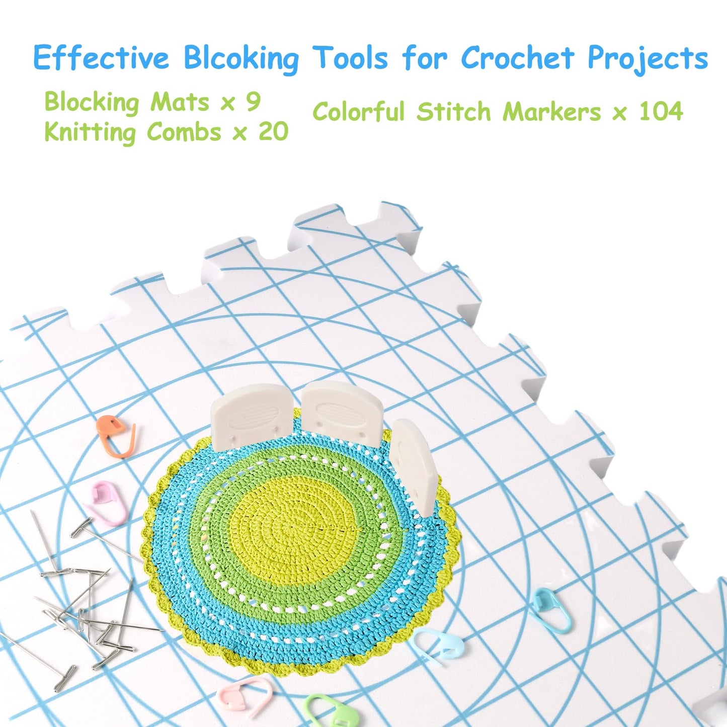 Mevome Blocking Mats for Knitting, Interlocking Extra Thick Block Boards 12”x12” for Crochet Projects with Grid Lines Needlepoint Knit Crocheting, 4 Foam Mat & 100 T-pins Granny Gift (White 4pcs)