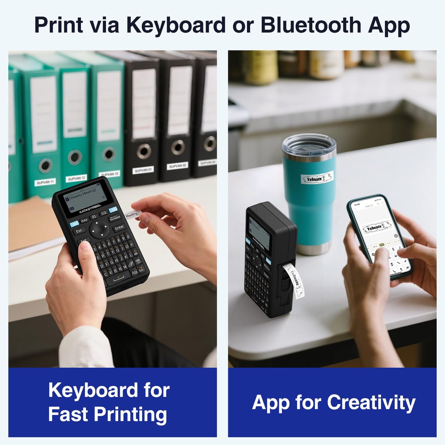 SUPVAN E11 Bluetooth Label Maker Machine with 4 Tapes, Support Keyboard & App with 40 Fonts and 450+ Icons, Rechargeable Inkless Labeler for Home, Kitchen, Office, School, Organization, Black