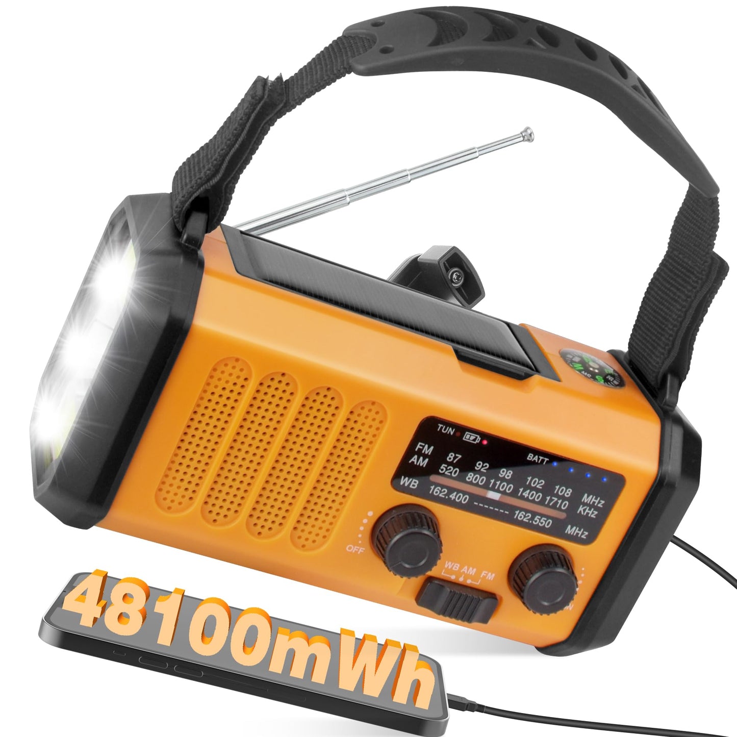 48100mWh/13000mAh Emergency Weather Radio, 4 Way Powered AM/FM/NOAA Portable Solar Crank Radio, Dynamo Phone Charger,700LM LED Flashlight/Reading Lamp,SOS,Compass for Hurricane Storm Camping Survival