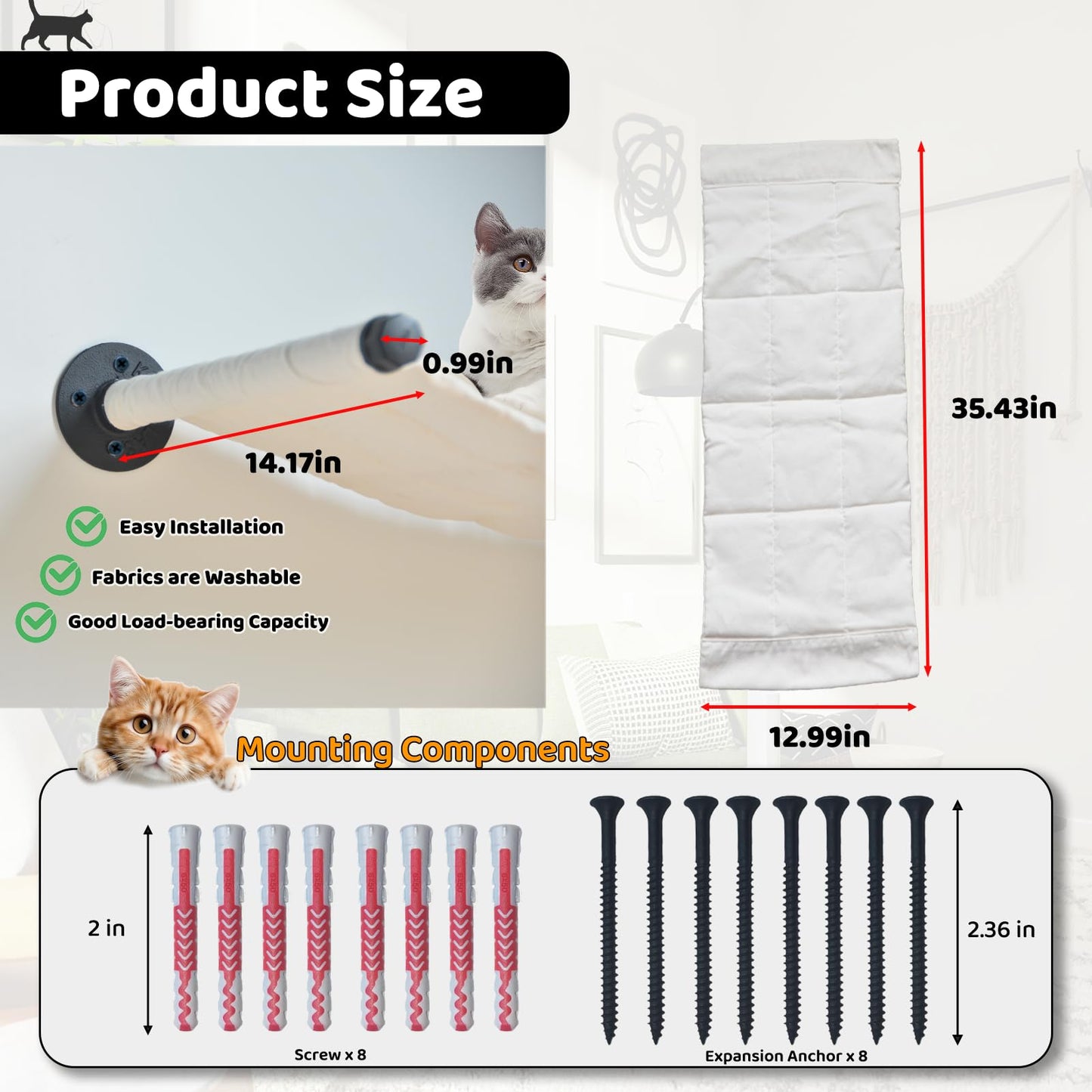 XIFOWE Cat Hammock Wall Mounted, 35.43 x 12.99 inch Wall Mounted Cat Shelves, Metal Brackets cat Beds for Sleeping, Playing, Climbing and Resting Stabilized Wall Furniture for Large Cats or Kitty