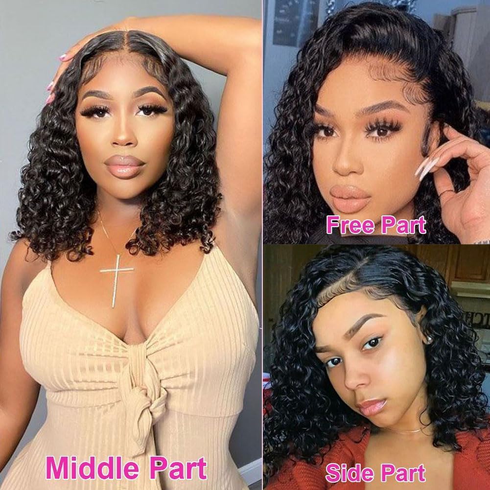 Bob Wig Human Hair 13x4 Deep Wave Curly Lace Front Wigs For Women Short Bob Wig Pre Plucked with Baby Hair Glueless Hair Curly Wigs Nature Hairline 150% Density Perruque Femme Humain (Natural balck 13x4 curly wig, 10 Inch)